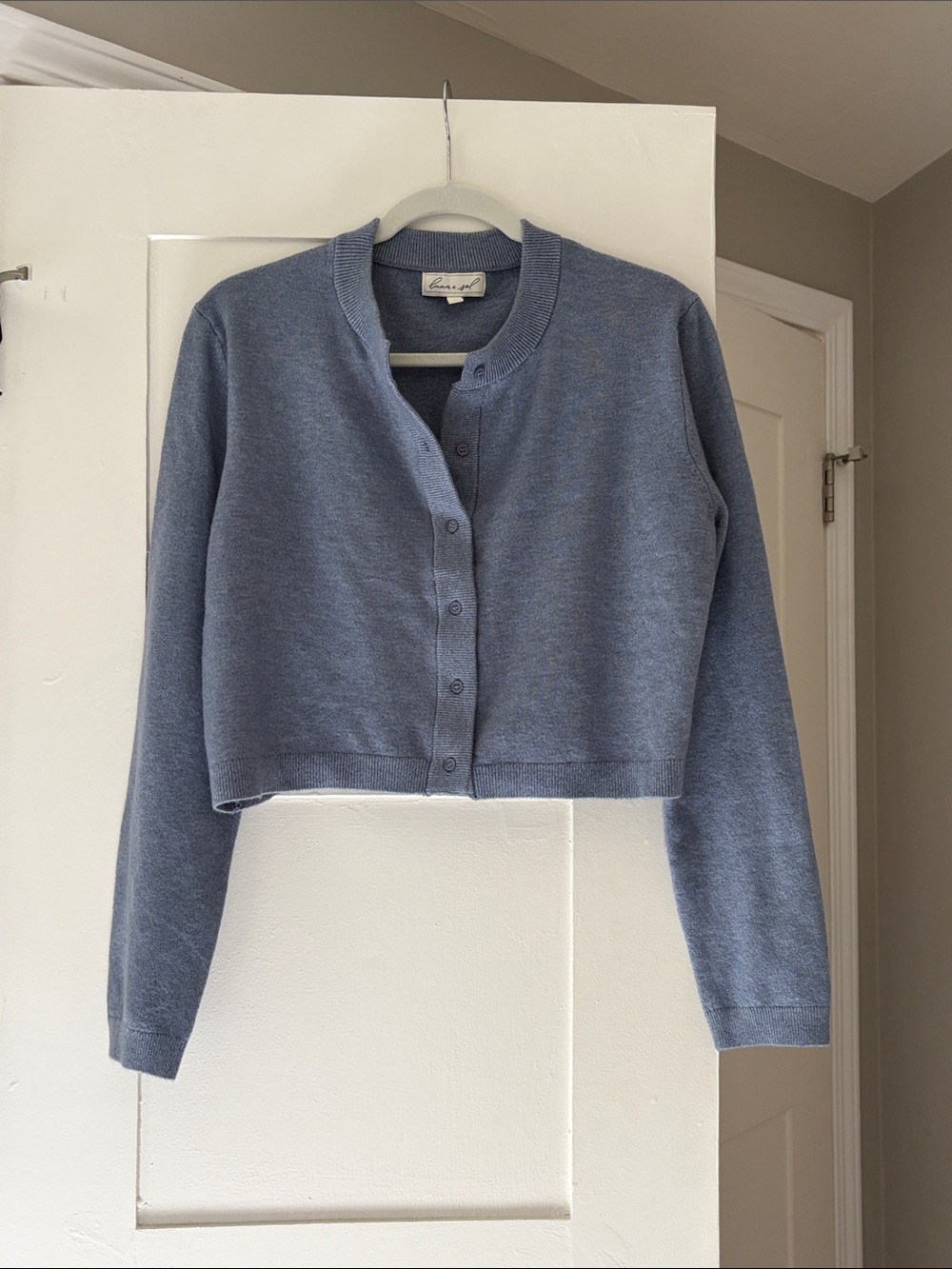 Cropped button-front cardigan in dusty blue